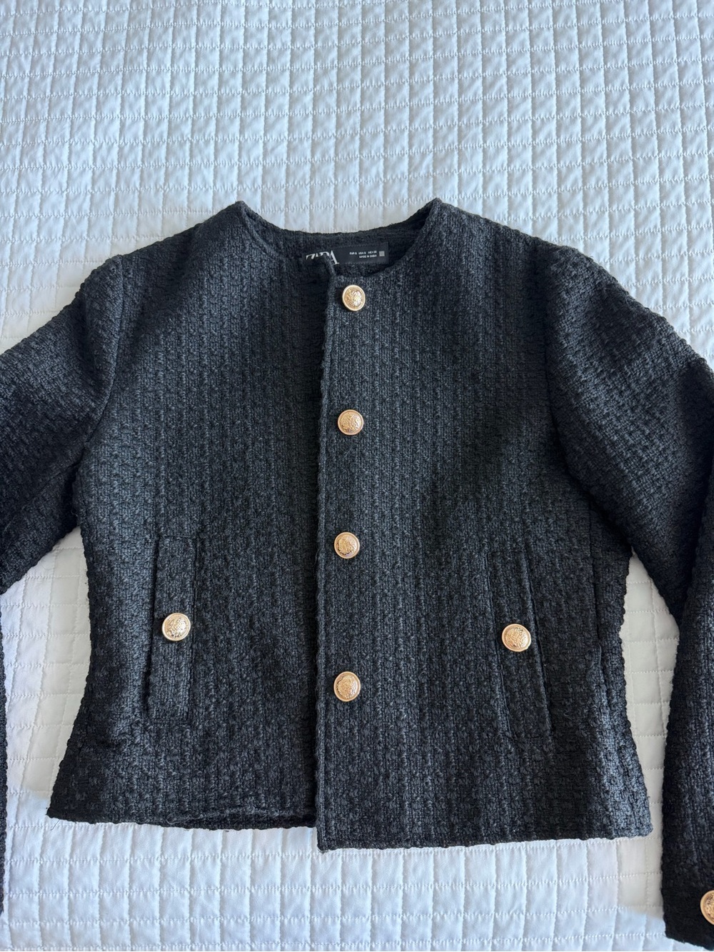 Zara Black Textured Gold-Button Blazer